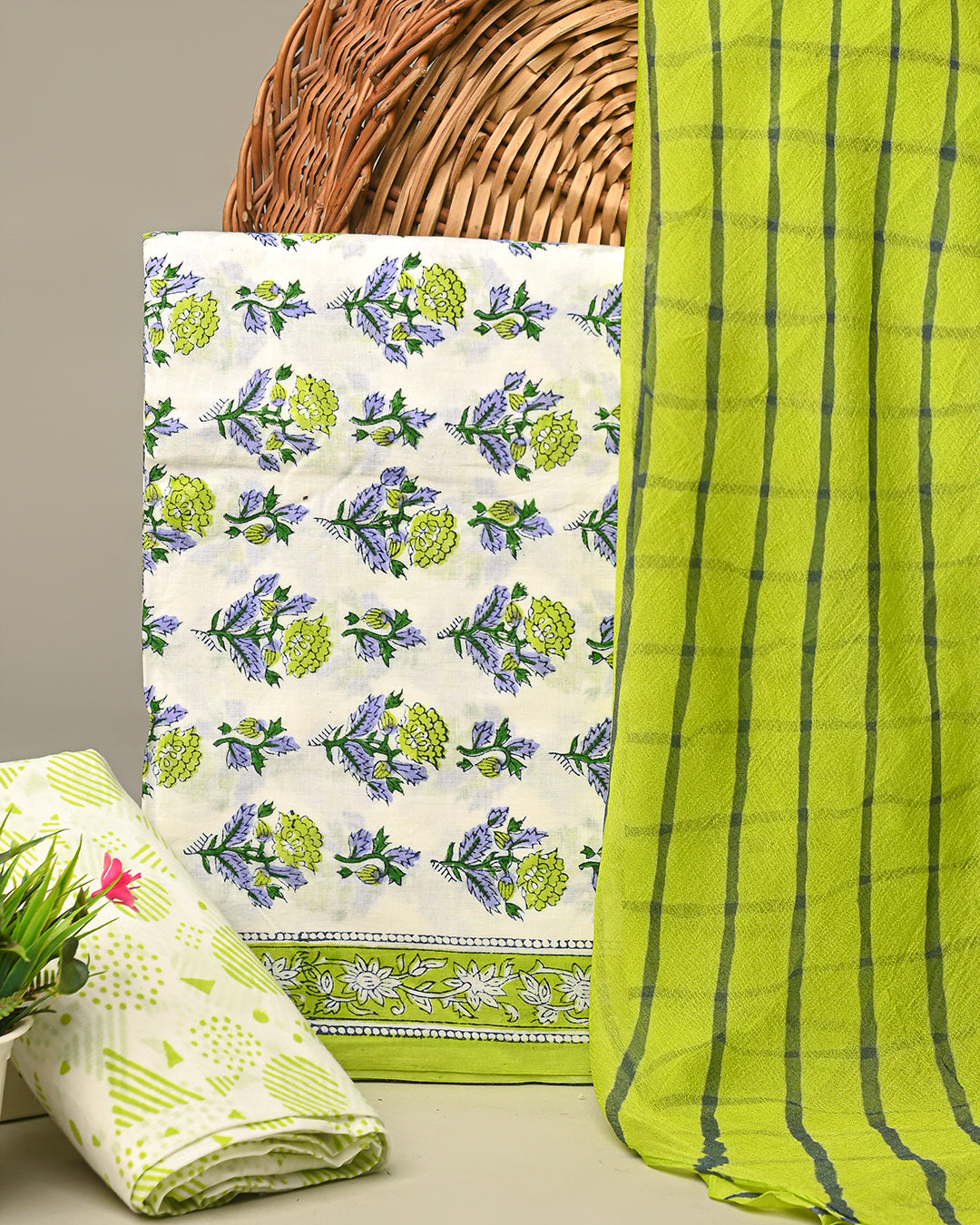 Premium Green Hand Block Sanganeri Print Cotton Suit With Chiffon Dupatta (BSCOTCH20)