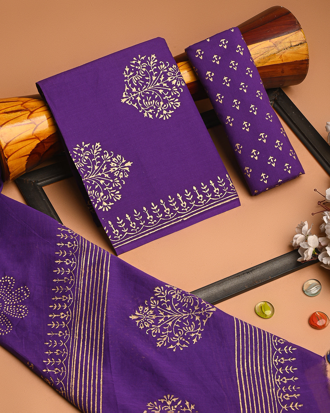 Exclusive Gold floral Hand block printed Cotton Suit With Cotton Dupatta (BSCOTMU57)