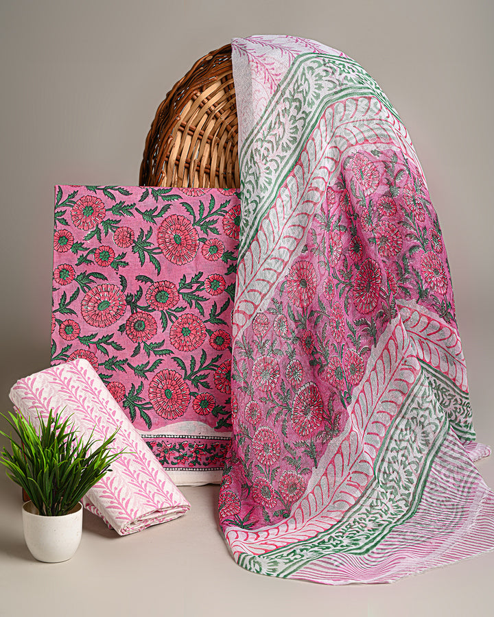 Hand Block Sanganeri Print Cotton Suit With Chiffon Dupatta