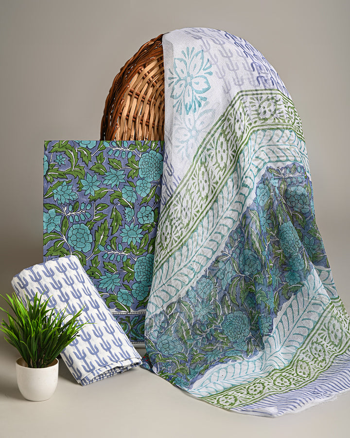 Hand Block Sanganeri Print Cotton Suit With Chiffon Dupatta