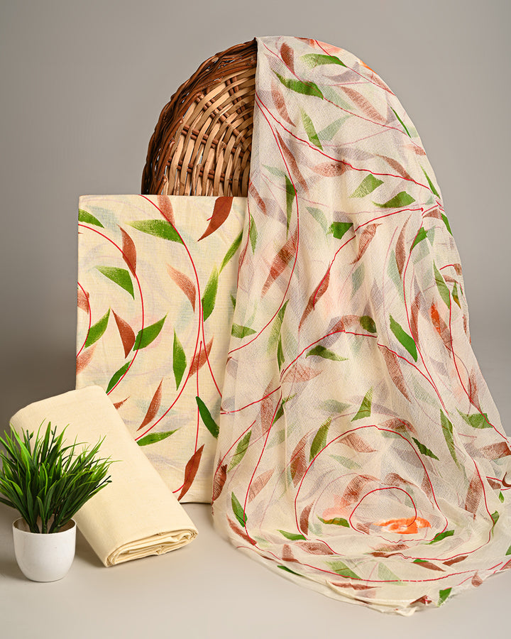 Hand Block Sanganeri Print Cotton Suit With Chiffon Dupatta