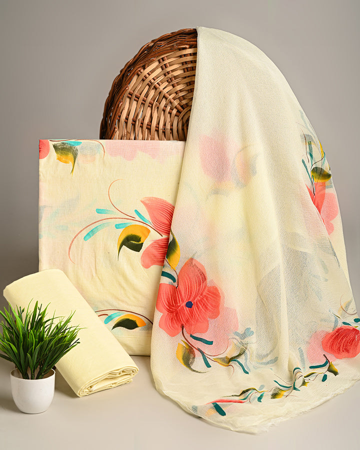 Hand Block Sanganeri Print Cotton Suit With Chiffon Dupatta