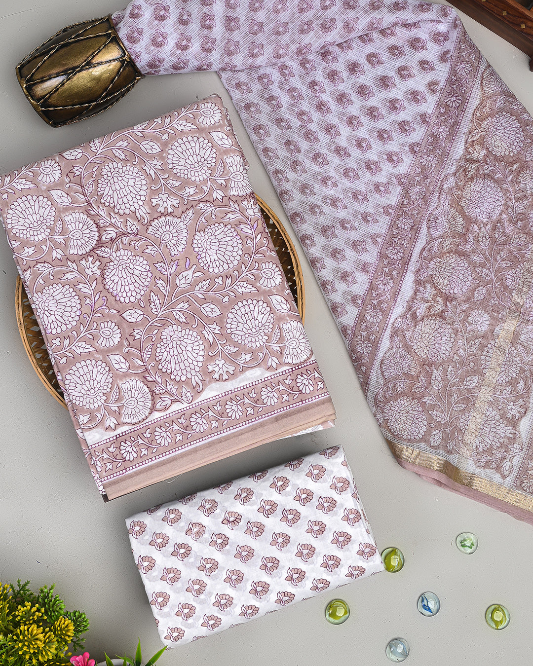 Exclusive Light Brown Hand Block Print Cotton Suit With Kota Dupatta BSCOTKO54