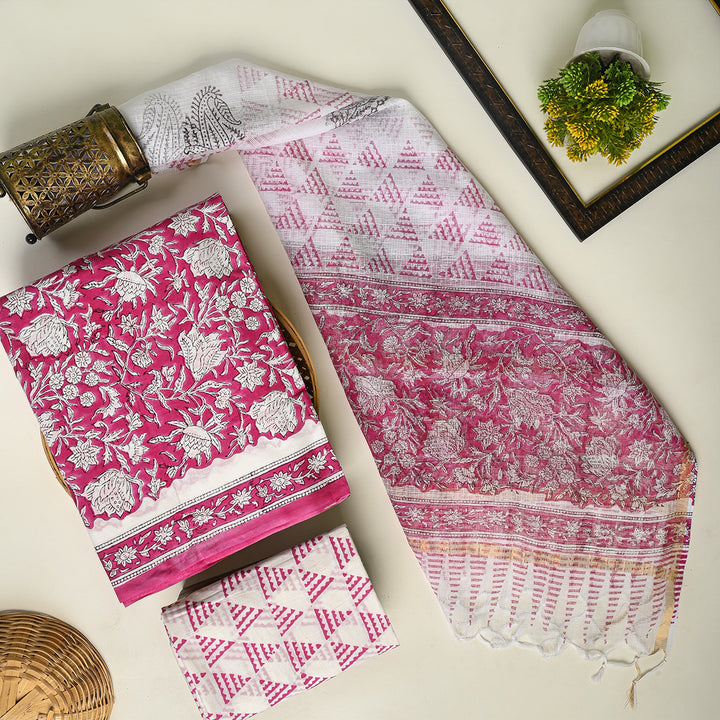 Sanganeri Hand Block Printed Cotton Suit With Kota Doria Dupatta BSCOTKO44