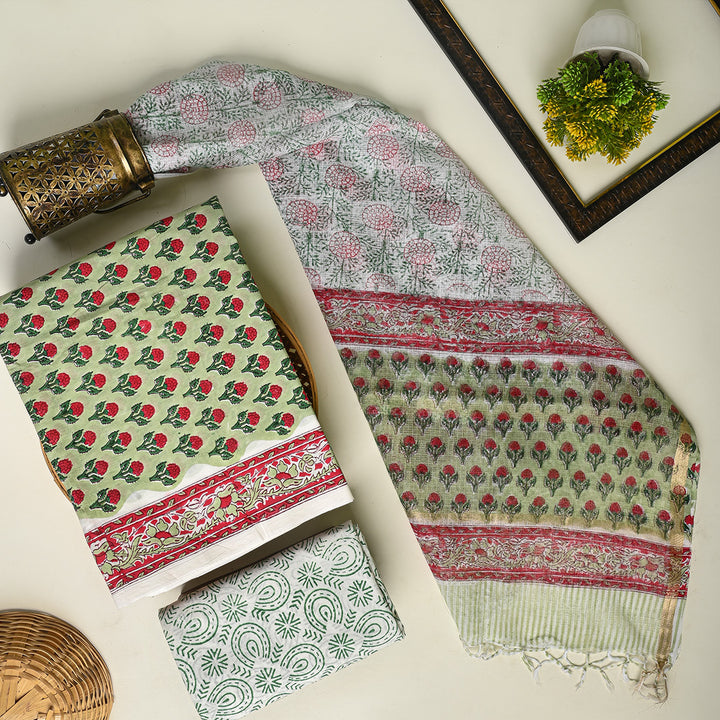 Sanganeri Hand Block Printed Cotton Suit With Kota Doria Dupatta BSCOTKO51