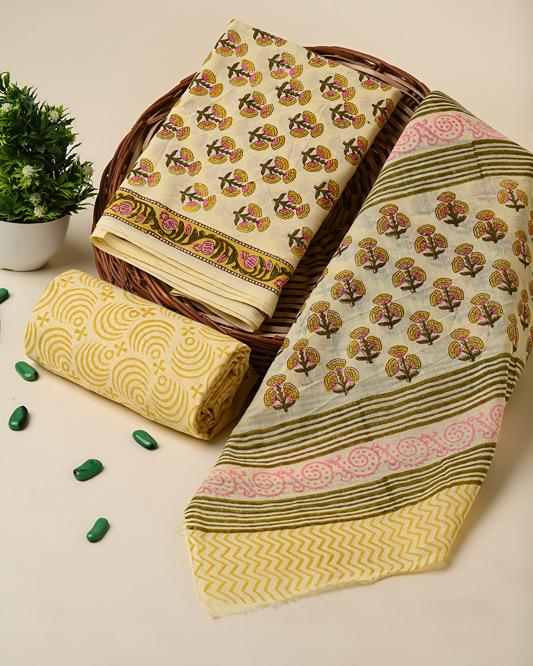 Yellow Hand Block Print Cotton Suit Sets With Cotton Dupatta CFCOTMU28