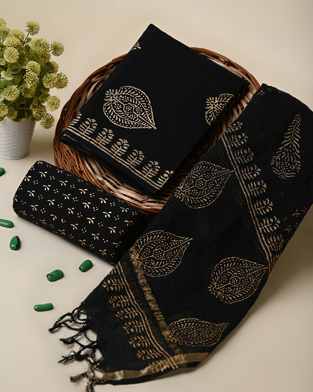 Cambric Cotton Kurta And Pant Set With Kota Dupatta In Block Print