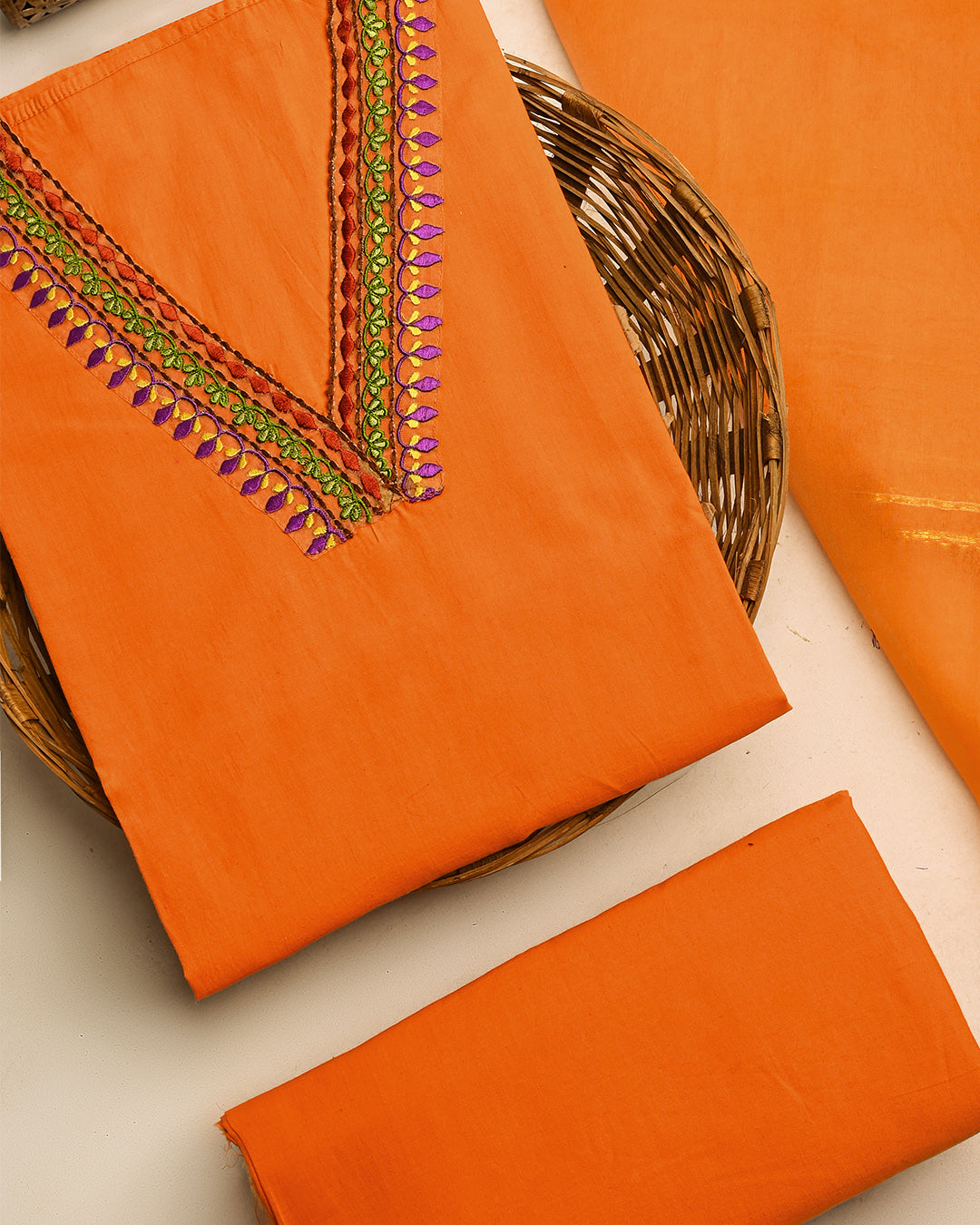 Kesariya Embroidery Unstitched Cotton Suit Set (BSSEC17)
