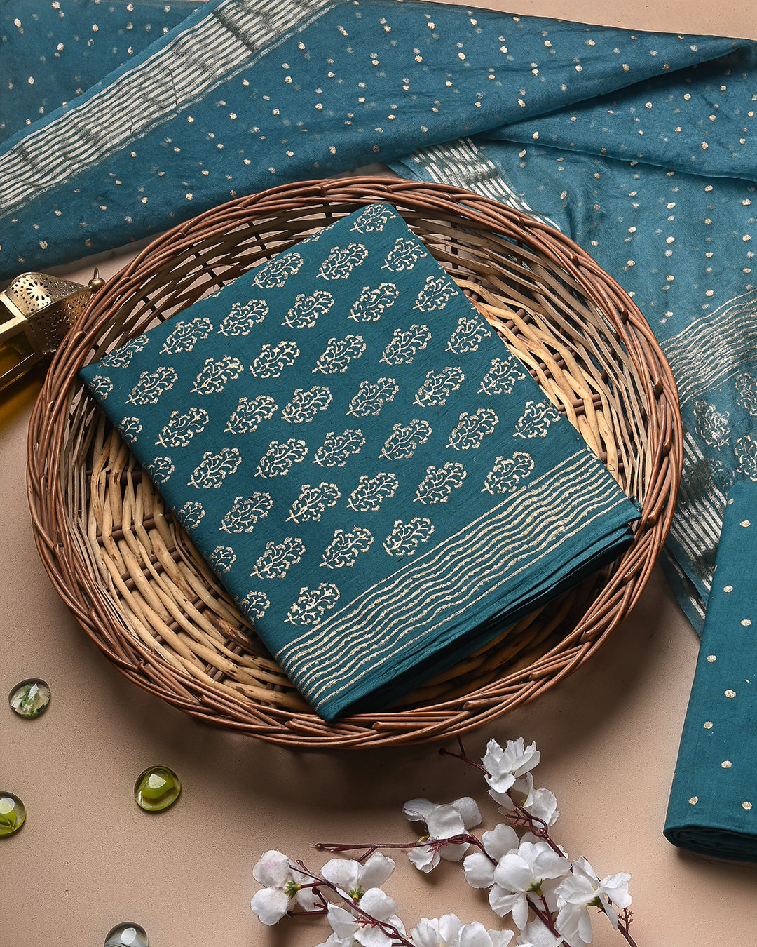 Exclusive Grey with Golden Hand Block Printed Cotton Suit With Organza Dupatta BSCOD30