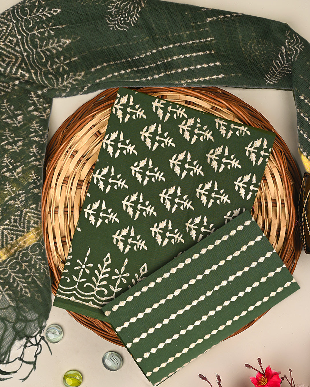 Elegant Green Gold Print Cotton Suit Sets With Kota Doria Dupatta (BSCOTKO75)