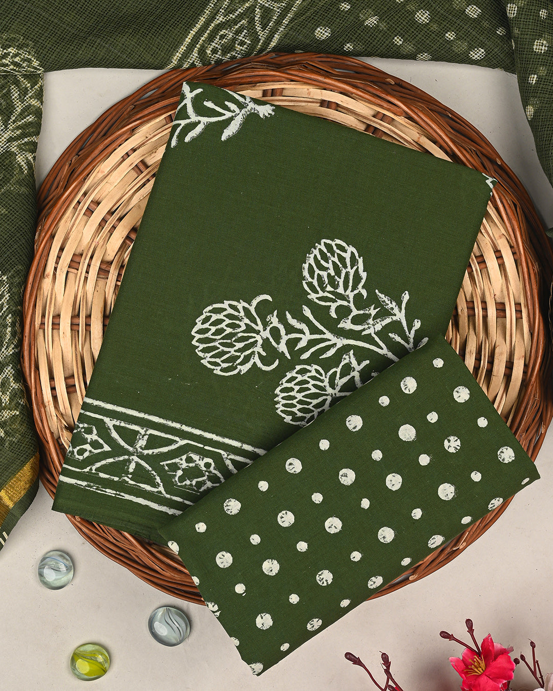 Premium Green Discharge Print Cotton Suit With Kota Doria Dupatta BSCOTKO60