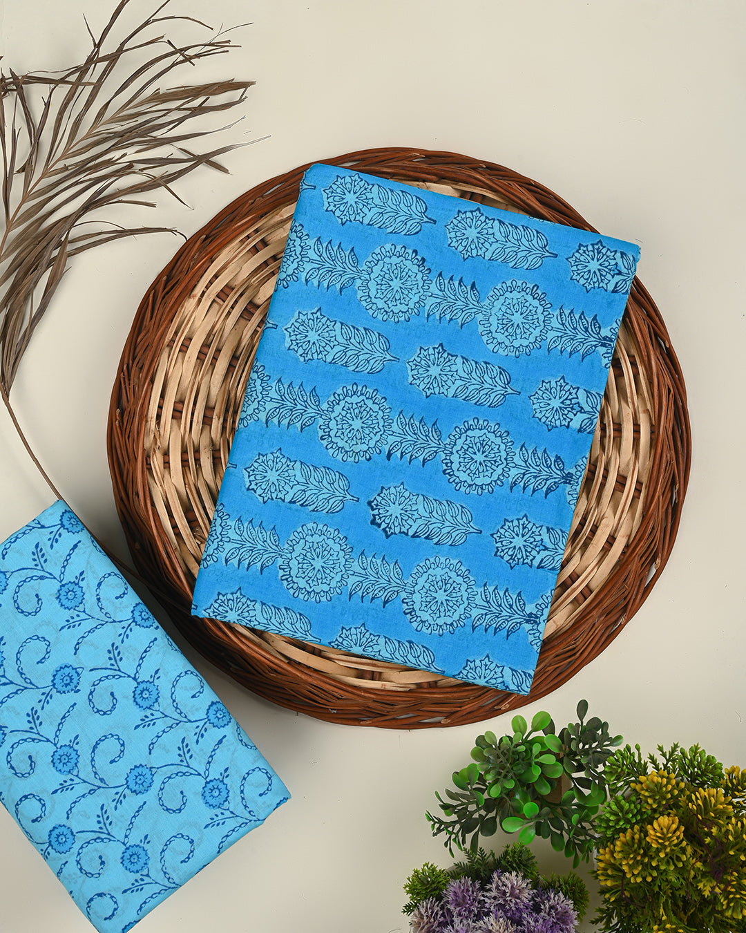 Bagh Beige Hand Block Printed Cotton Suit - Set of 3