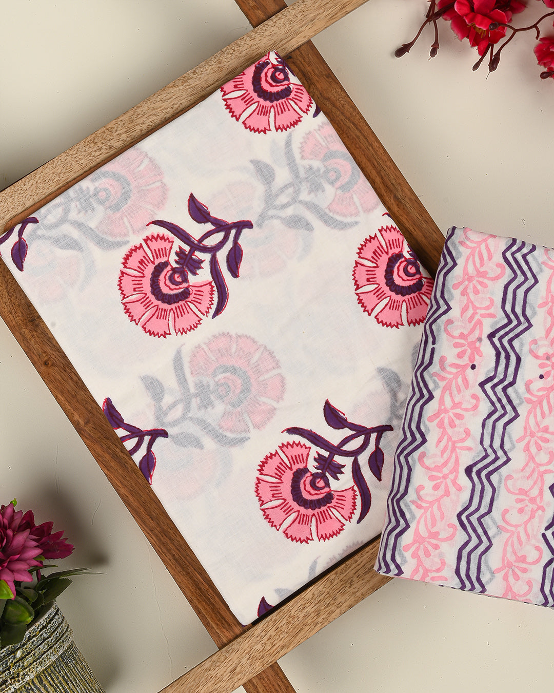 Traditional Hand Block Printed Cotton Suit Top And Bottom Set (BSTB51)