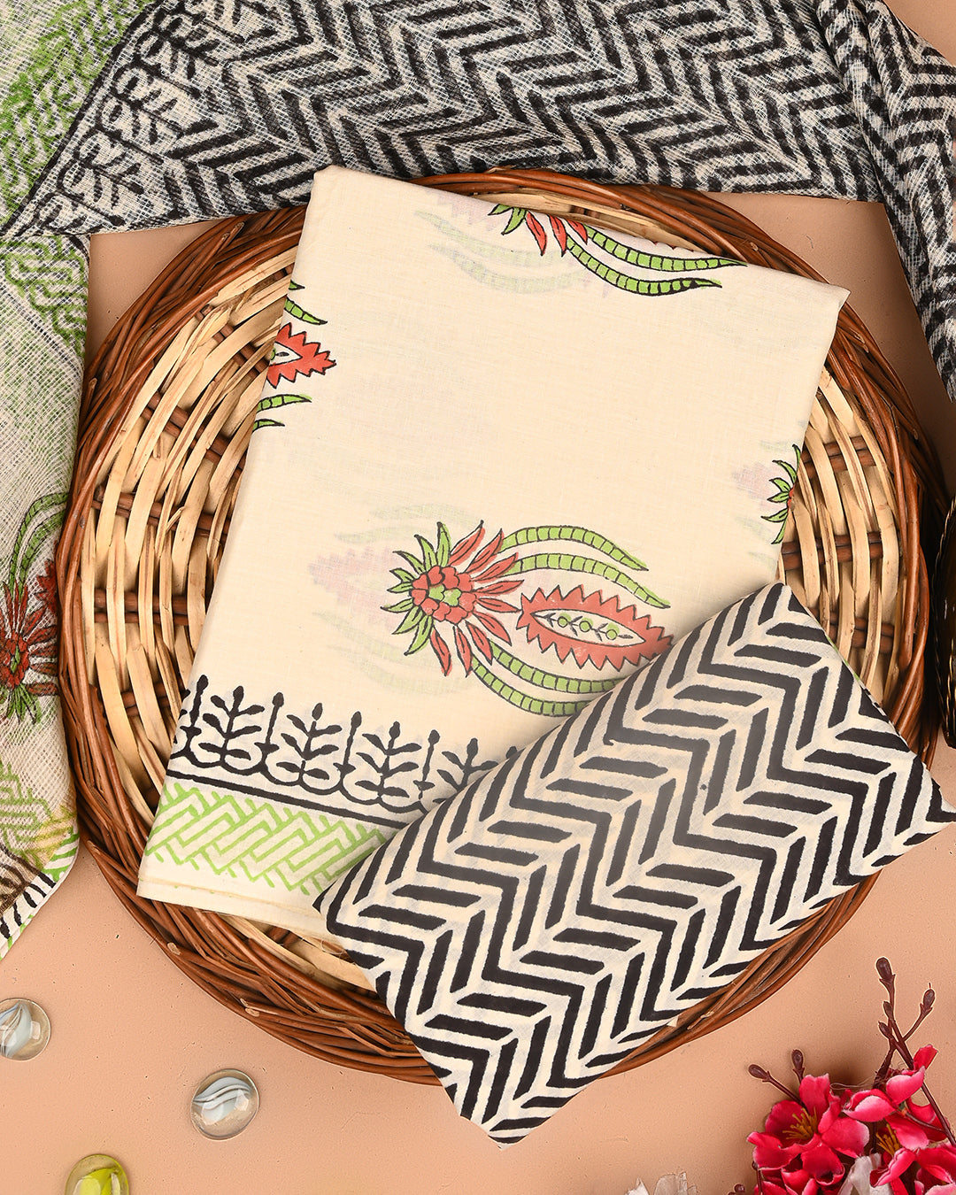 Elegant Hand Block Print Cotton Suit With Kota Doria Dupatta(BSCOTKO108)