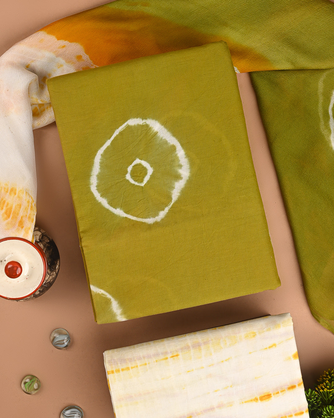 New Green Tie and Dye Cotton Suit With Chiffon Dupatta (BSCOTCH70)