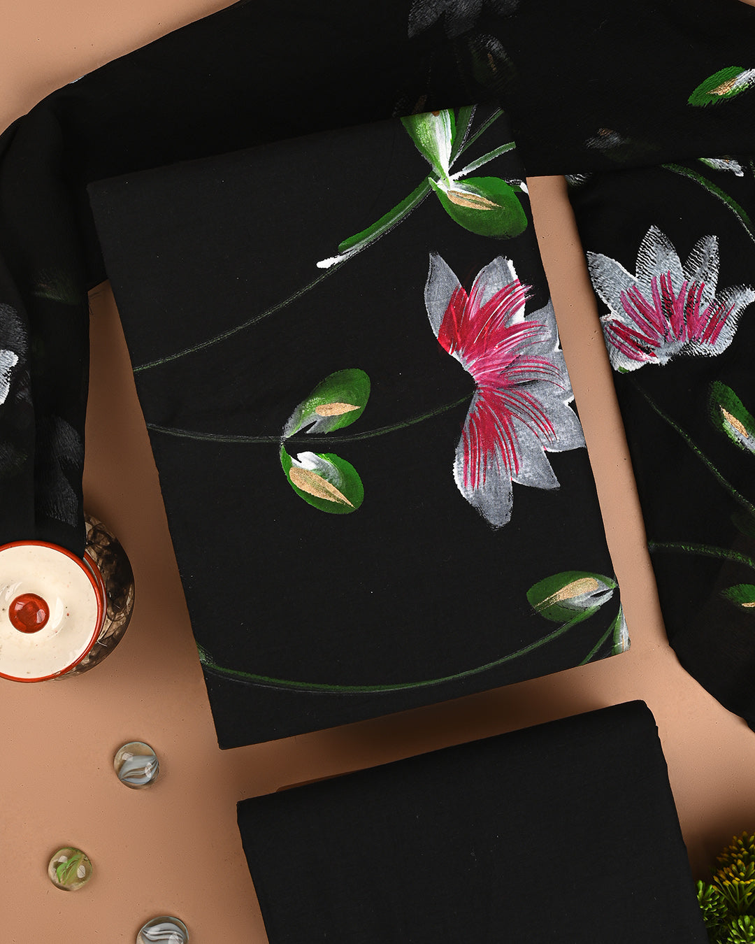 Elegant Black and Red Floral Hand Painted Cotton Suit With Chiffon Dupatta (BSCOTCH76)