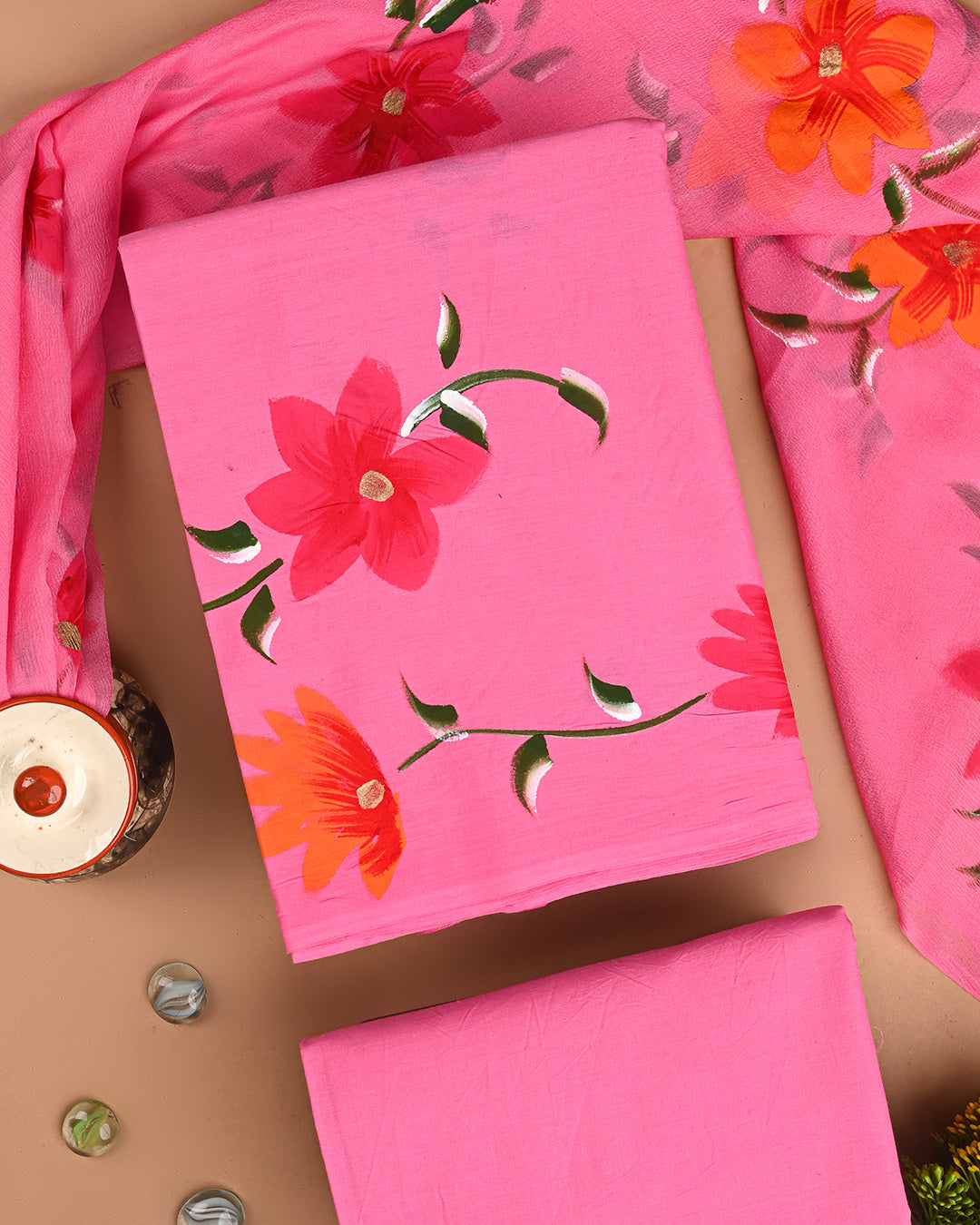 New Pink Floral Hand Painted Cotton Suit Sets With Chiffon Dupatta (BSCOTCH74)