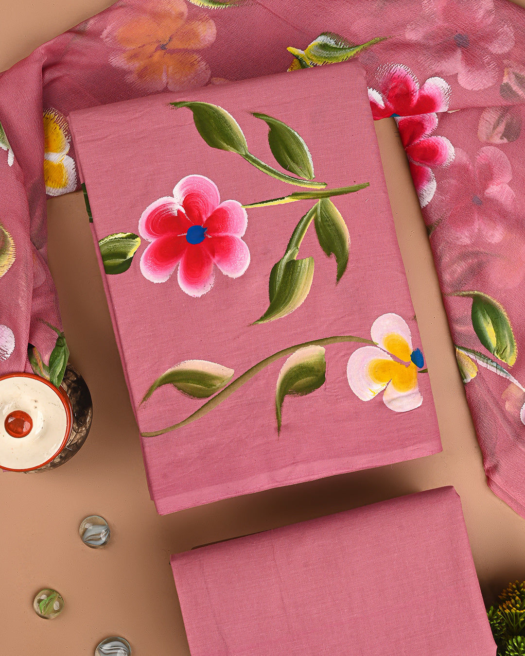 Elegant Pink Hand Painted Cotton Suit With Chiffon Dupatta (BSCOTCH79)