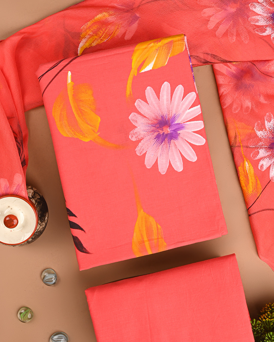 Premium Peach Floral Hand Painted Cotton Suit With Chiffon Dupatta(BSCOTCH77)