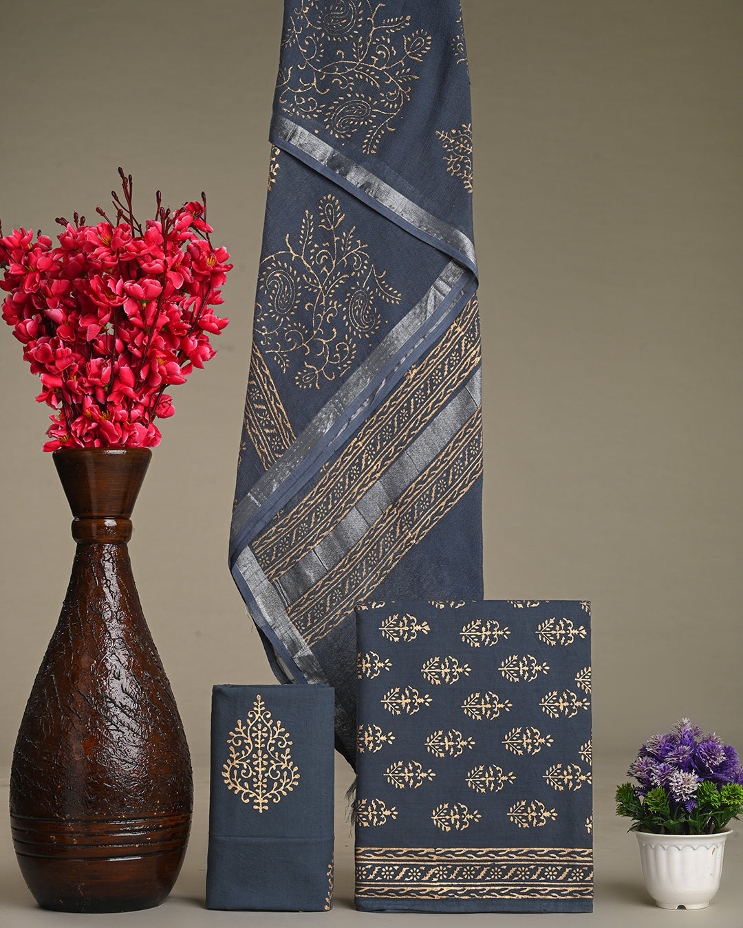 Black - Hand Block Batik Print Cotton Suit Set with Dupatta for women 05