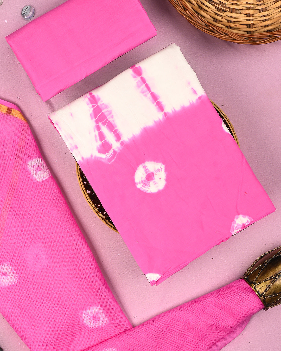 Traditional Tie and Dye Print Cotton Suit With Kota Doria Dupatta(BSCOTKO103)