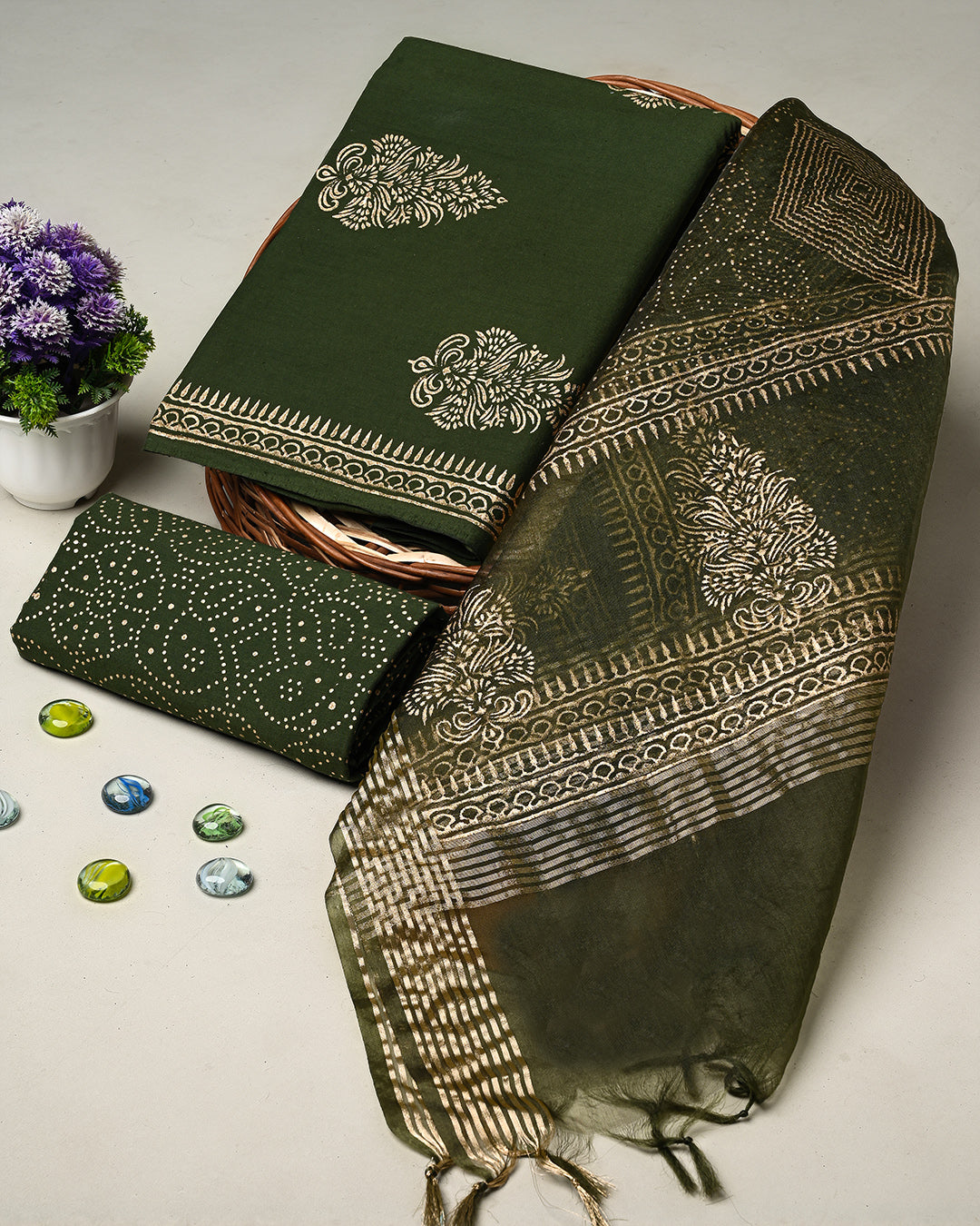 Exclusive Green Hand Block Printed Cotton Suit With Organza Dupatta BSCOD34