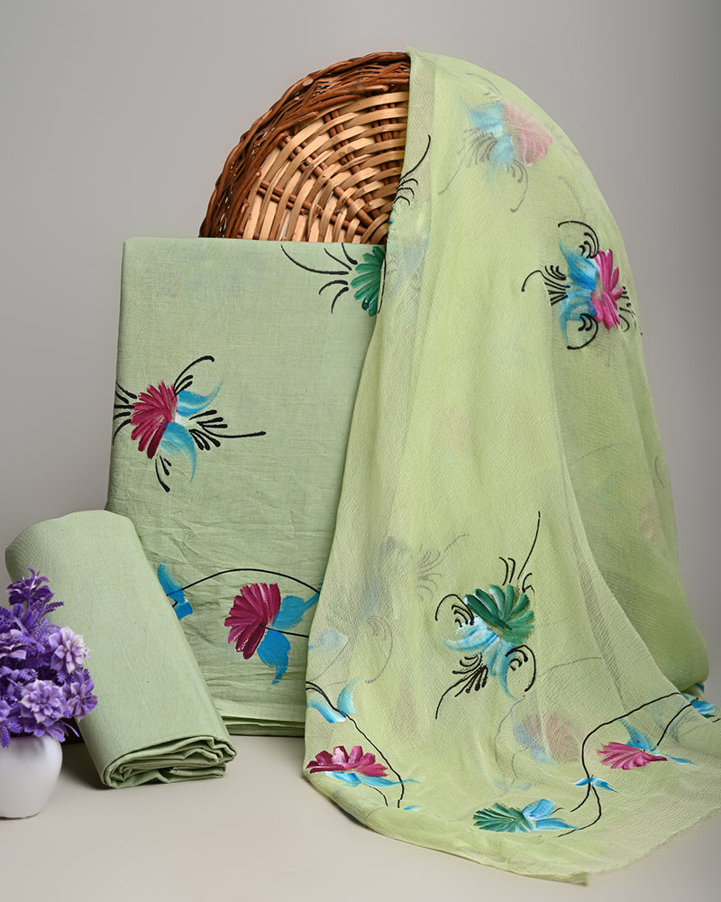 New Green Hand Printed Cotton Suit With Chiffon Dupatta (BSCOTCH21)