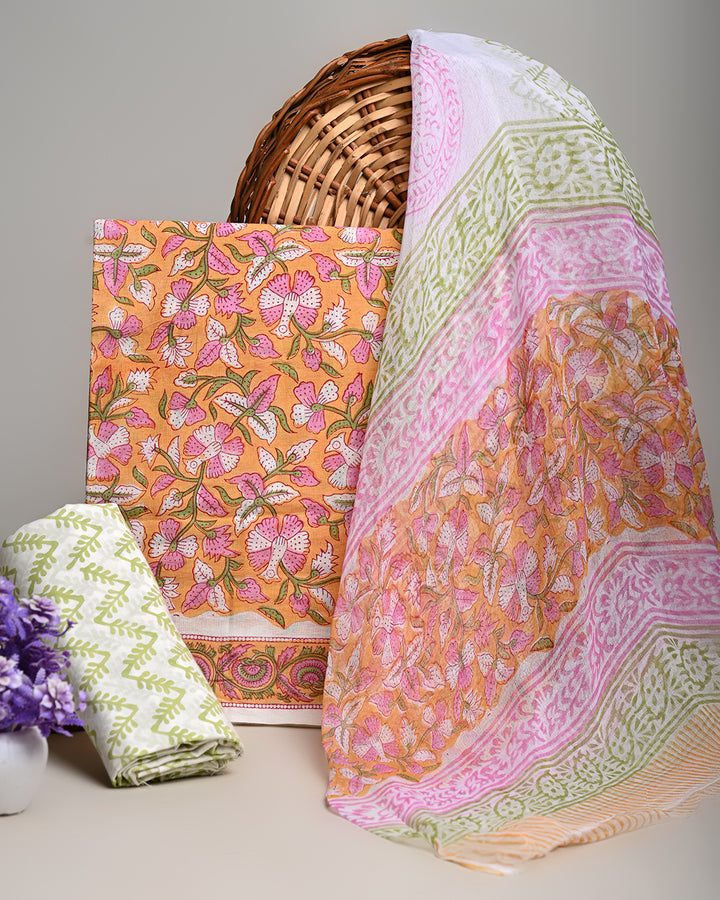 Premium Hand Block Sanganeri Print Cotton Suit With Chiffon Dupatta (BSCOTCH18)