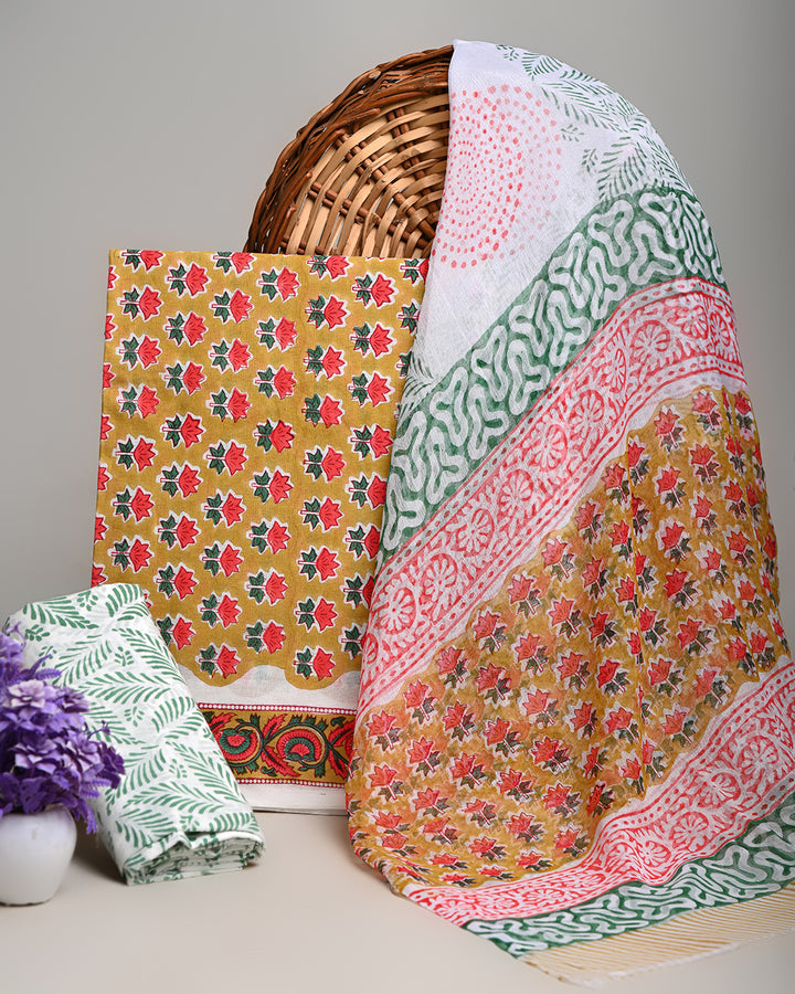 Premium Hand Block Sanganeri Print Cotton Suit With Chiffon Dupatta (BSCOTCH11)