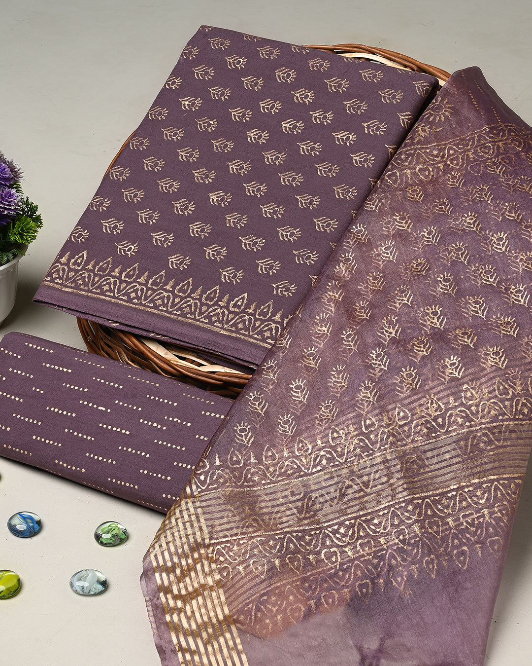 New Brownish Hand Block Printed Cotton Suit With Organza Dupatta BSCOD31