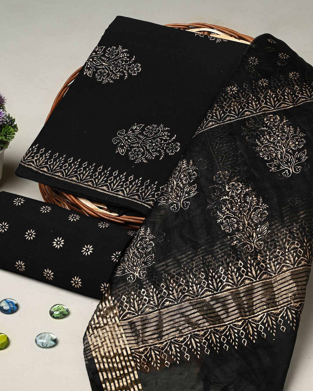 New Black with Golden Strips Hand Block Printed Cotton Suit With Organza Dupatta BSCOD35