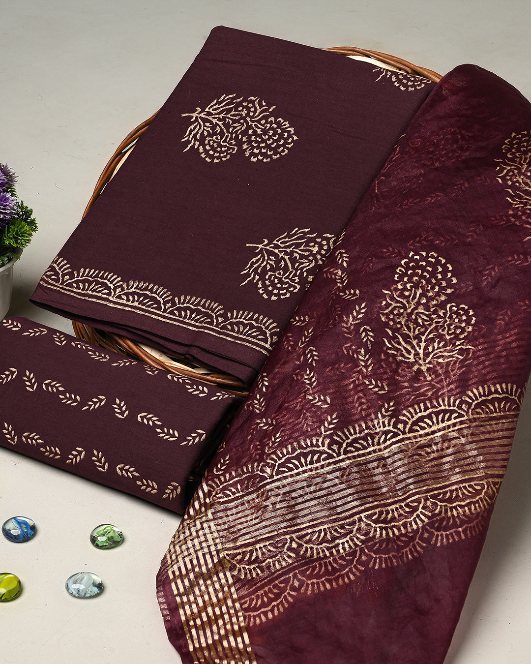 Brownish Hand Block Printed Cotton Suit With Organza Dupatta BSCOD33