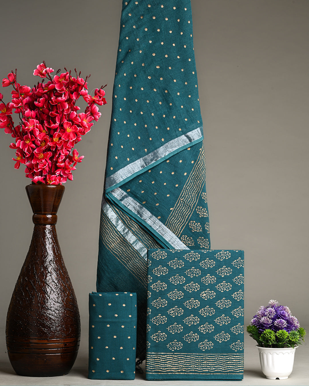 Premium Hand Block Printed Cotton Suit With Linen Dupatta BSLID34