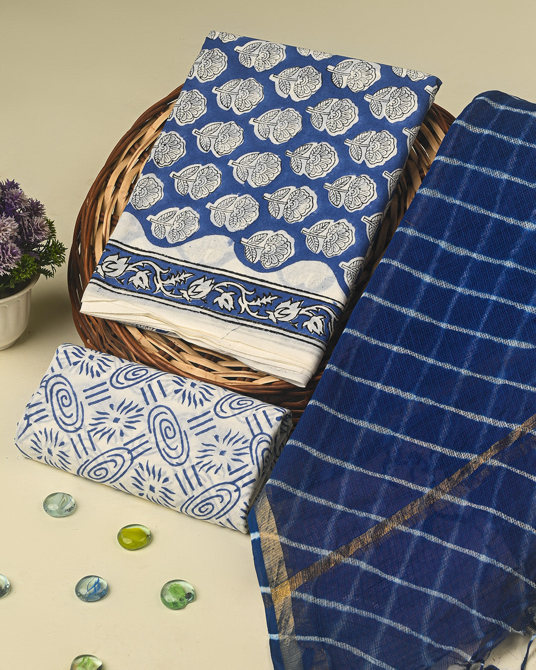 Premium Blue Hand Block Printed Cotton Suit With Kota Doria Dupatta BSCOTKO11