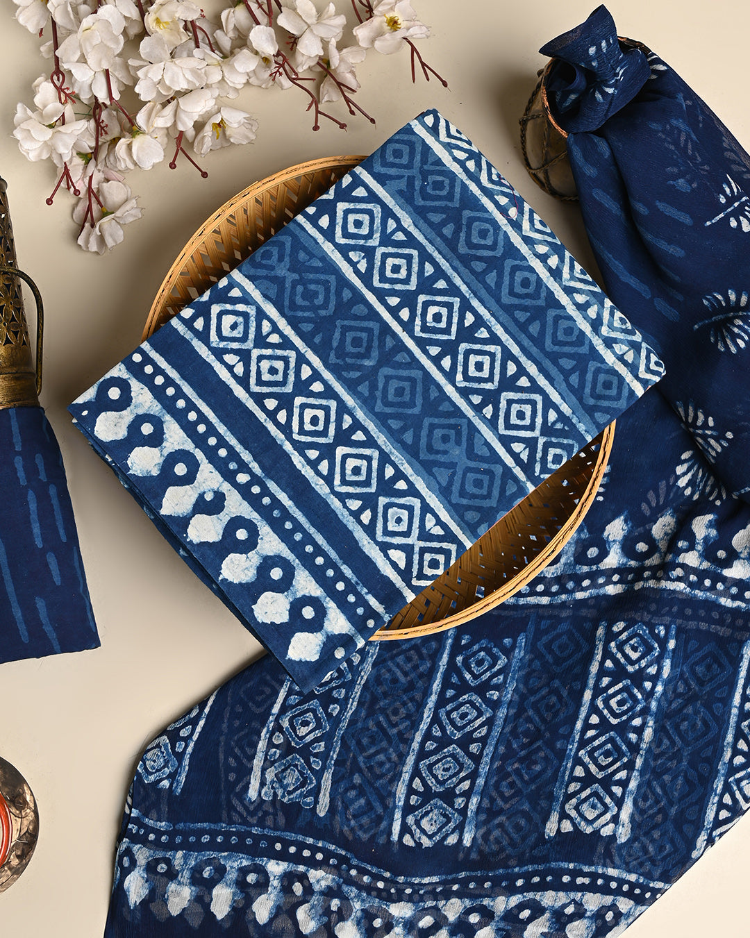 Traditional Dabu Printed Cotton Suit With Chiffon Dupatta (BSCOTCH17)