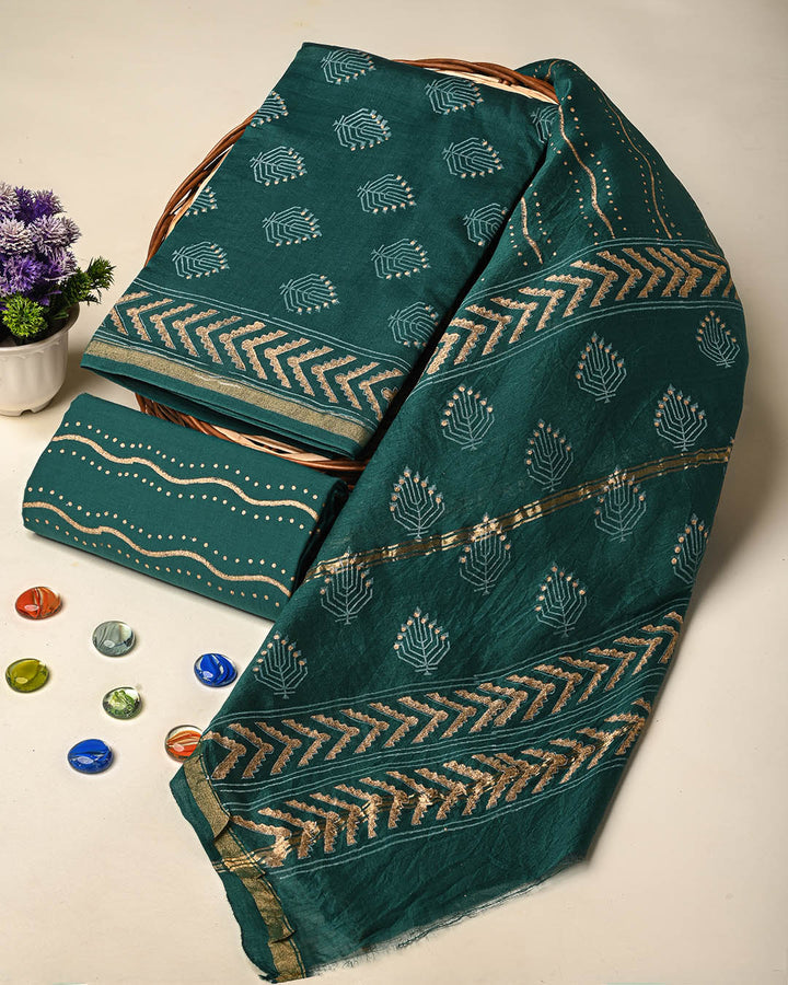 Exclusive Hand Block Gold And Khadi Printed Chanderi Silk Suit Set(BSCH02)