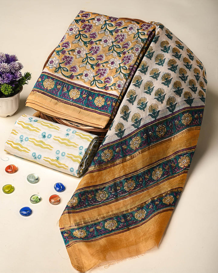 Exclusive Hand Block Gold And Khadi Printed Chanderi Silk Suit Set(BSCH05)