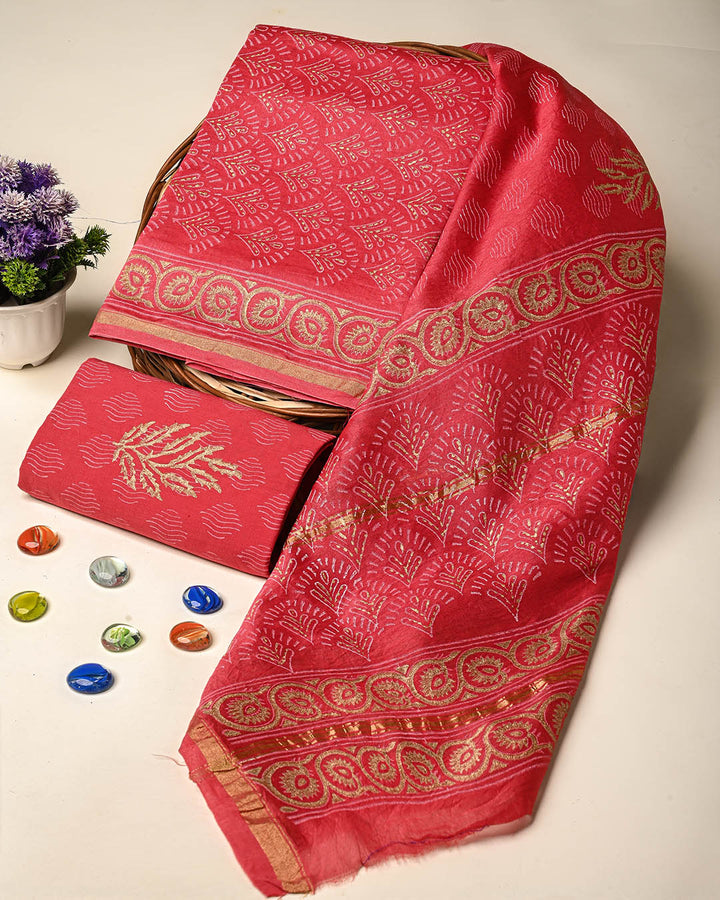 Exclusive Hand Block Gold And Khadi Printed Chanderi Silk Suit Set(BSCH06)