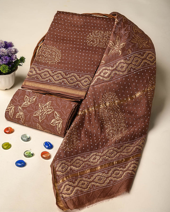 Exclusive Hand Block Gold And Khadi Printed Chanderi Silk Suit Set(BSCH07)