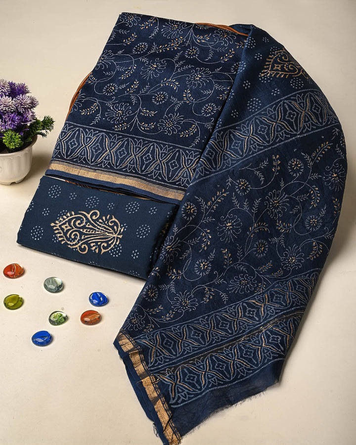 Premium Hand Block Gold And Khadi Printed Chanderi Silk Suit Set(BSCH09)
