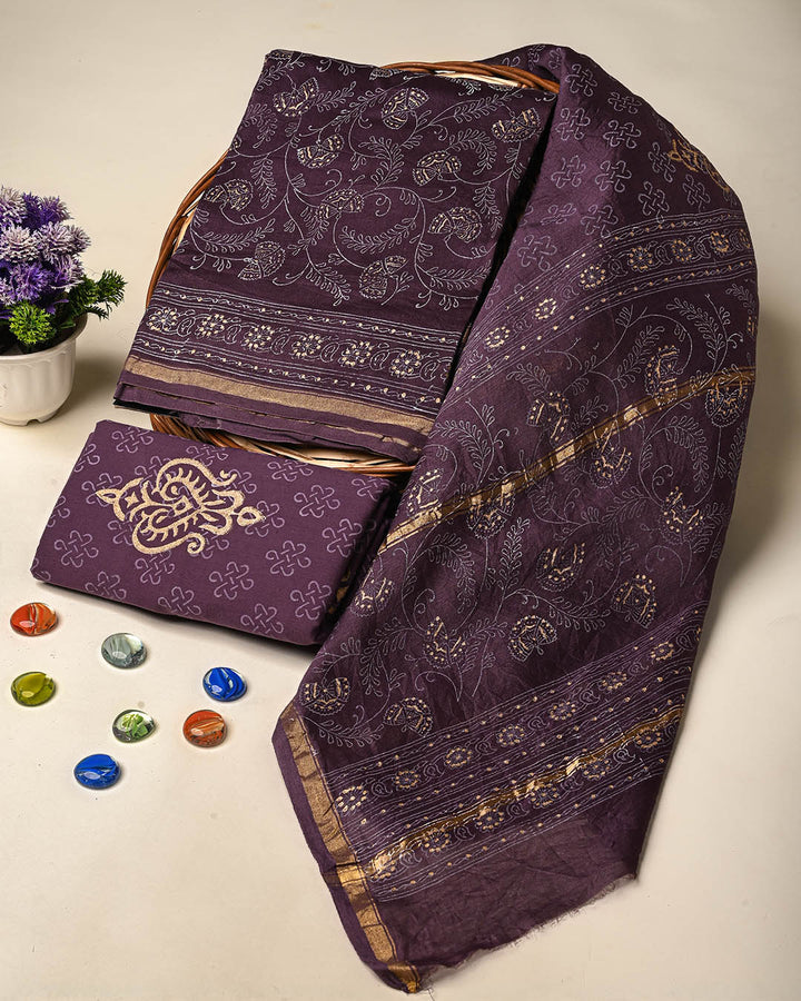 Premium Hand Block Gold And Khadi Printed Chanderi Silk Suit Set(BSCH10)