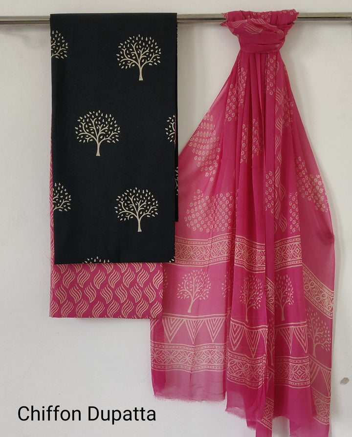 Traditional Hand Block Dischagre Printed Cotton Suit With Chiffon Dupatta(COCOTCH04)
