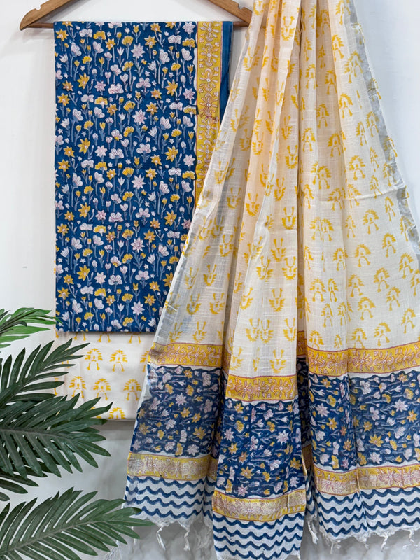 New Blue With Yellow Hand Block Printed Cotton Suit With Linen Dupatta BSLID35