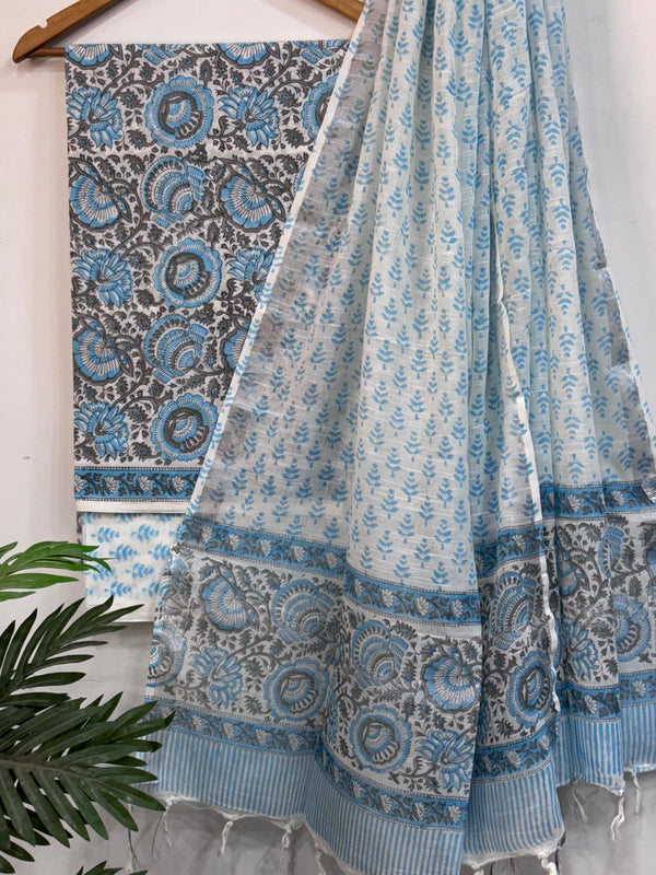Hand Block Printed Cotton Suit With Linen Dupatta BSLID07