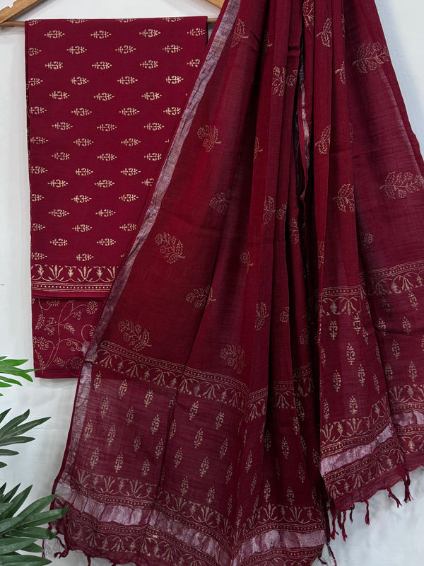 Premium Red Hand Block Printed Cotton Suit With Linen Dupatta BSLID04