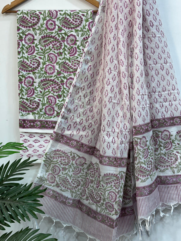 New Hand Block Printed Cotton Suit With Linen Dupatta BSLID05