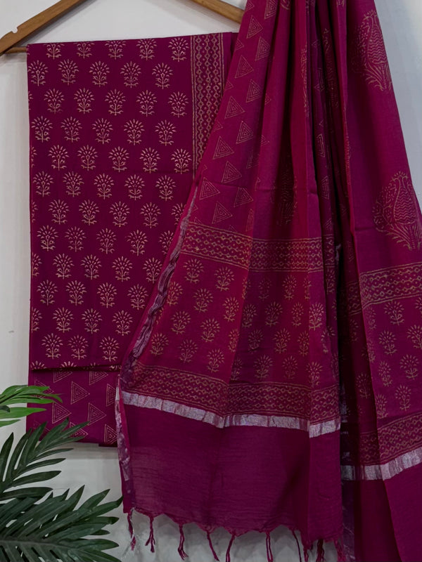 Premium Pink Hand Block Printed Cotton Suit With Linen Dupatta BSLID10