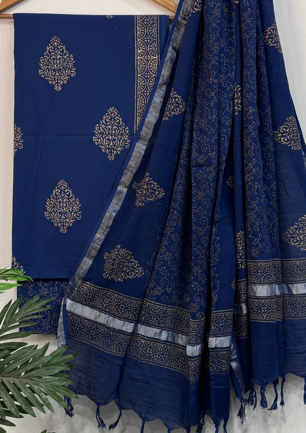 Fresh Blue with Golden Work Hand Block Printed Cotton Suit With Linen Dupatta BSLID11
