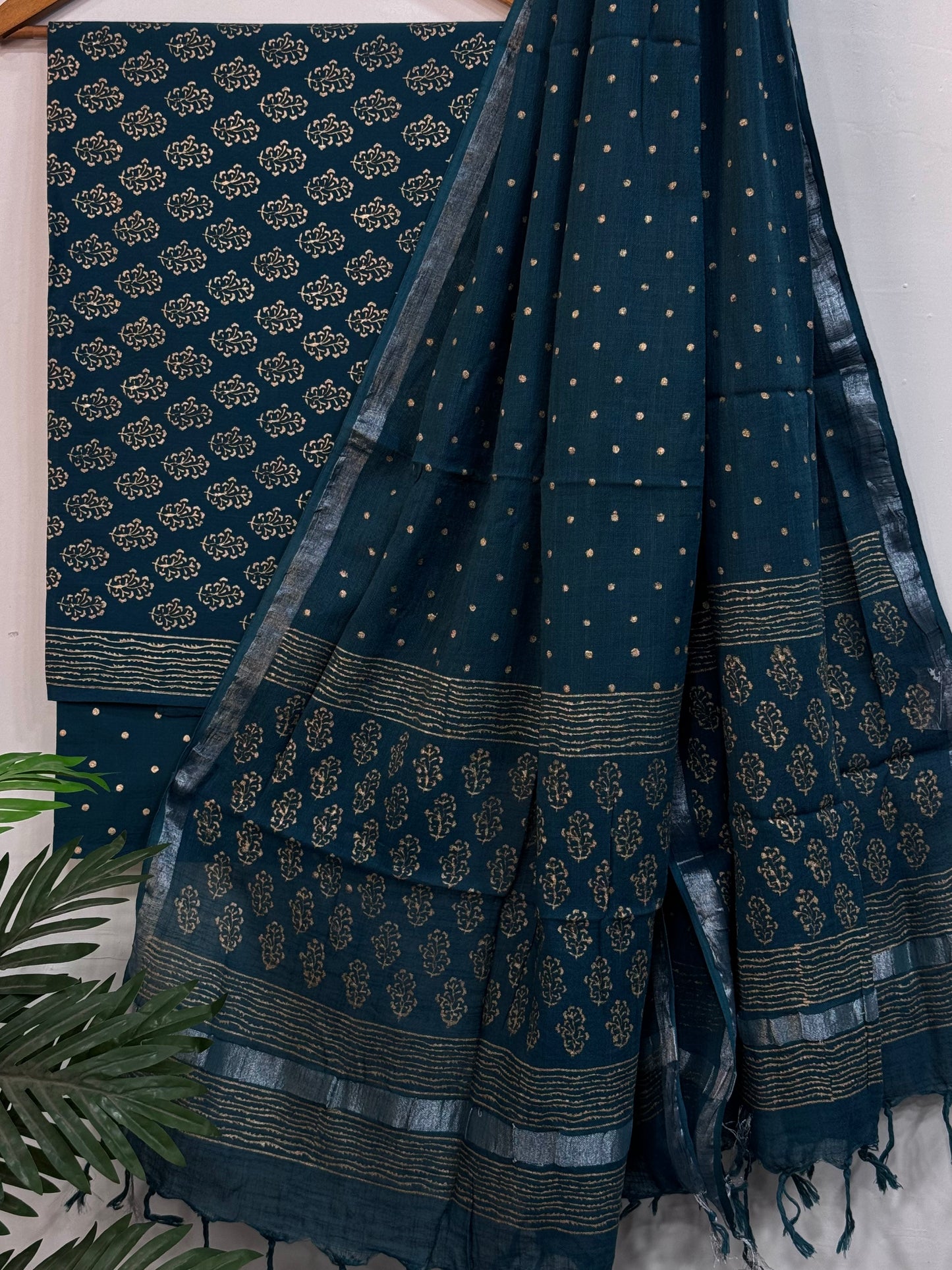 Premium Light Green Hand Block Printed Cotton Suit With Linen Dupatta BSLID34