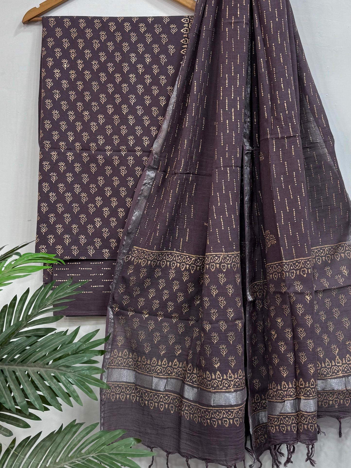 Brownish Hand Block Printed Cotton Suit With Linen Dupatta BSLID33